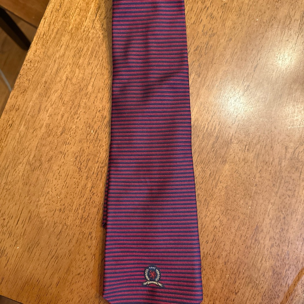 Tommy Hilfiger Red and Navy Striped Crest Tie